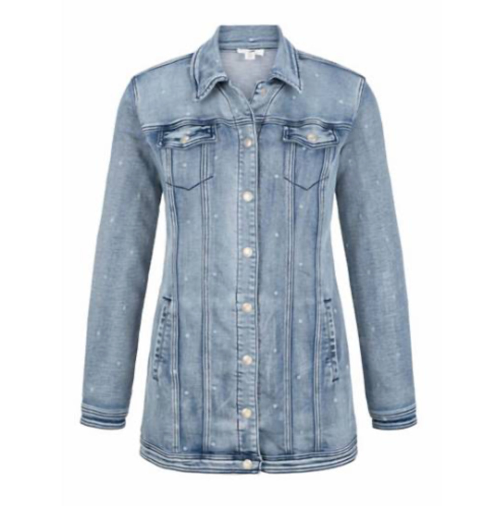Tribal Jeans Women's Longline Comfort Stretch Denim Jacket in Medium Wash. Snap